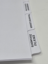 Keep your LLC documents neatly organized with this professional set of 1/5 Cut LLC Binder Tabs. Each set includes five pre-printed dividers for the most common company sections, such as Operating Agreement, Membership Register, State Filings & Annual Repo