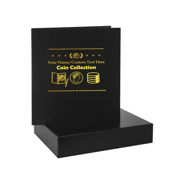 Create a personalized home for your treasured coins with this premium Coin Collection binder and matching protective slipcase. The front cover and spine feature custom gold foil printing with your choice of personalized text and font style.