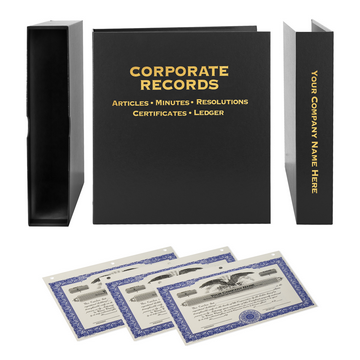Maintain your corporation’s records with this all-in-one Corporate Kit. The kit includes a premium 3-ring binder with slipcase, corporate bylaws and meeting templates, numbered stock certificates with detachable stubs, and index tabs.