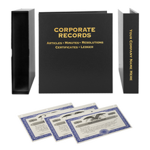 Maintain your corporation’s records with this all-in-one Corporate Kit. The kit includes a premium 3-ring binder with slipcase, corporate bylaws and meeting templates, numbered stock certificates with detachable stubs, and index tabs.