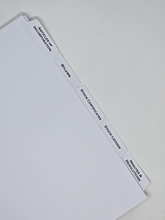 Keep your company organized with this 5-tab set of Corporate Binder Tabs. Designed for professional use, each tab is 1/5 cut and clearly labeled for easy navigation. Reinforced with durable Mylar, these tabs withstand frequent use without tearing. Perfect