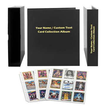 Keep your trading card collection safe, organized, and personalized with this Premium Personalized Card Binder. Featuring 40 high-quality card sleeve sheets with 9 pockets per sheet, this binder can hold up to 720 cards. Each sheet accommodates 18 cards (