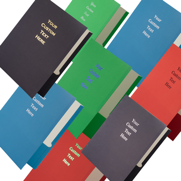 Create presentation folders that are uniquely yours with fully customizable text printing. Add names, businesses, titles, document labels, office information, events, project names, classroom materials, or personalized wording.
