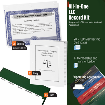 Each kit includes a durable personalized 3-ring binder with matching protective slipcase, a customizable operating agreement, numbered membership certificates, membership and transfer ledger, and premium reinforced index tabs for easy organization.