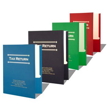 Create a professional client presentation with customizable tax return pocket folders featuring an elegant gold foil style design. Personalize each folder with company information, addresses, phone numbers, websites, office details, names, or custom text