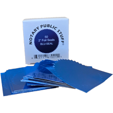 Notary Public Stuff® blue foil seals (2 inch). Premium certificate seals for raised embossing, legal documents, and professional notarized paperwork.