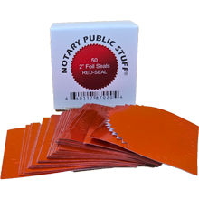 Premium Notary Public Stuff® red foil seals in a box of 50. Perfect for raised embossing, certificates, and professional notarized documents.
